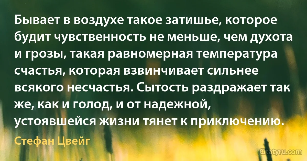 Бывает в воздухе такое затишье, которое будит чувственность не меньше, чем духота и грозы, такая равномерная температура счастья, которая взвинчивает сильнее всякого несчастья. Сытость раздражает так же, как и голод, и от надежной, устоявшейся жизни тянет к приключению. (Стефан Цвейг)