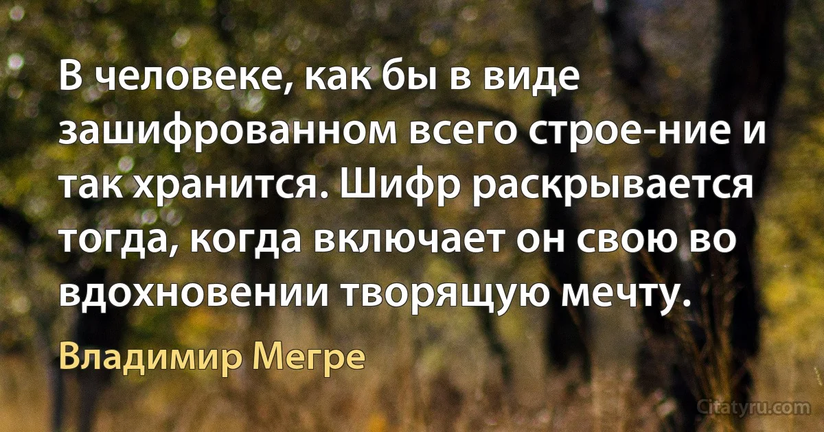 В человеке, как бы в виде зашифрованном всего строе-ние и так хранится. Шифр раскрывается тогда, когда включает он свою во вдохновении творящую мечту. (Владимир Мегре)