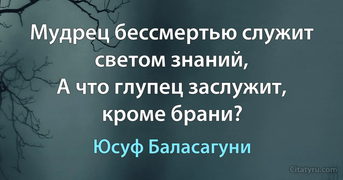 Мудрец бессмертью служит
светом знаний,
А что глупец заслужит,
кроме брани? (Юсуф Баласагуни)