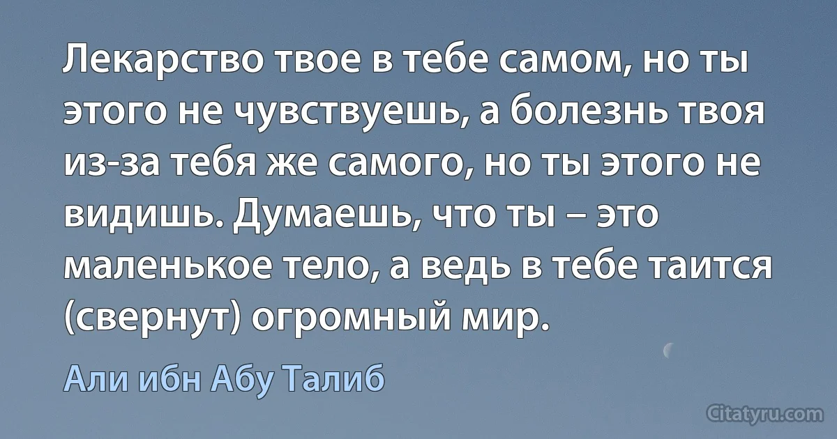 Лекарство твое в тебе самом, но ты этого не чувствуешь, а болезнь твоя из-за тебя же самого, но ты этого не видишь. Думаешь, что ты – это маленькое тело, а ведь в тебе таится (свернут) огромный мир. (Али ибн Абу Талиб)