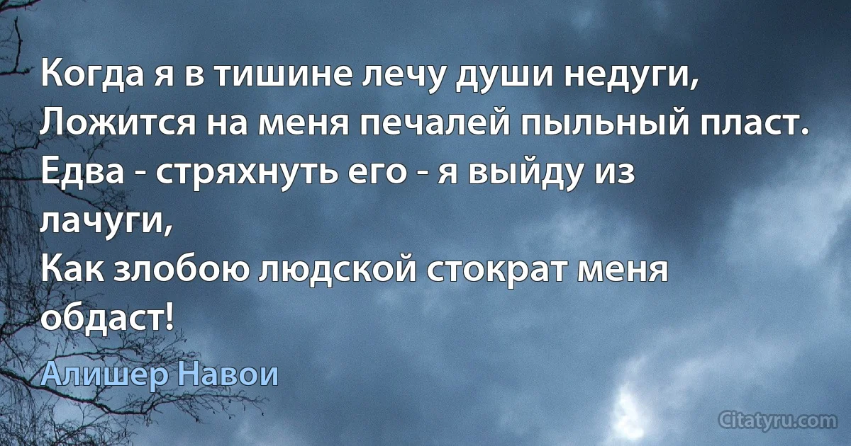 Когда я в тишине лечу души недуги,
Ложится на меня печалей пыльный пласт.
Едва - стряхнуть его - я выйду из лачуги,
Как злобою людской стократ меня обдаст! (Алишер Навои)