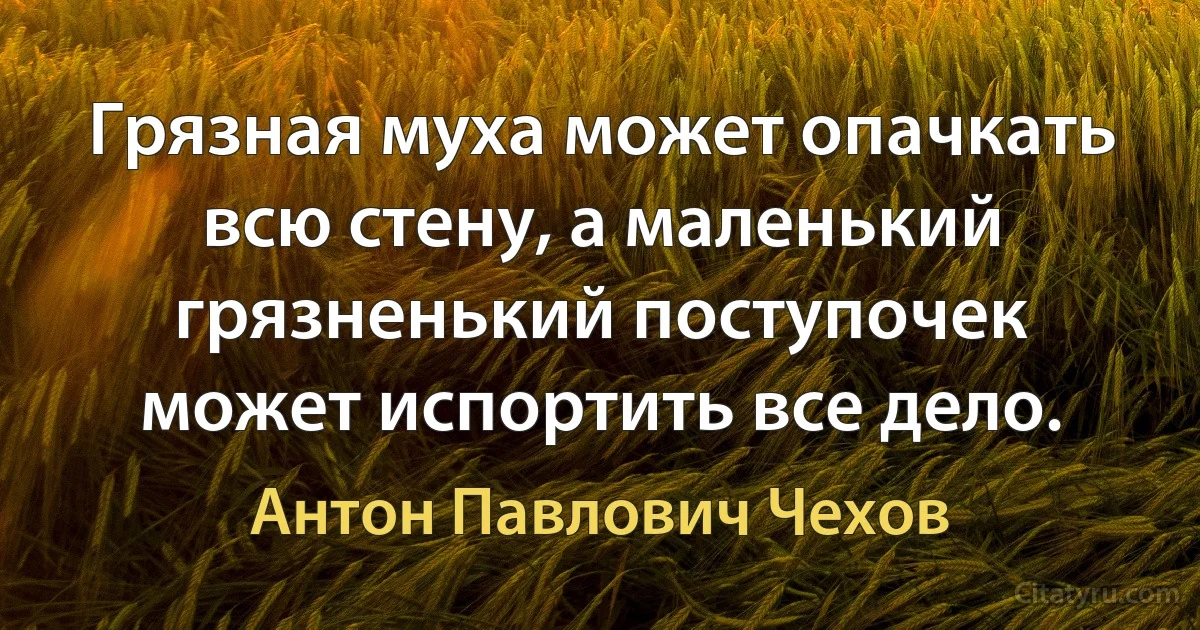 Грязная муха может опачкать всю стену, а маленький грязненький поступочек может испортить все дело. (Антон Павлович Чехов)