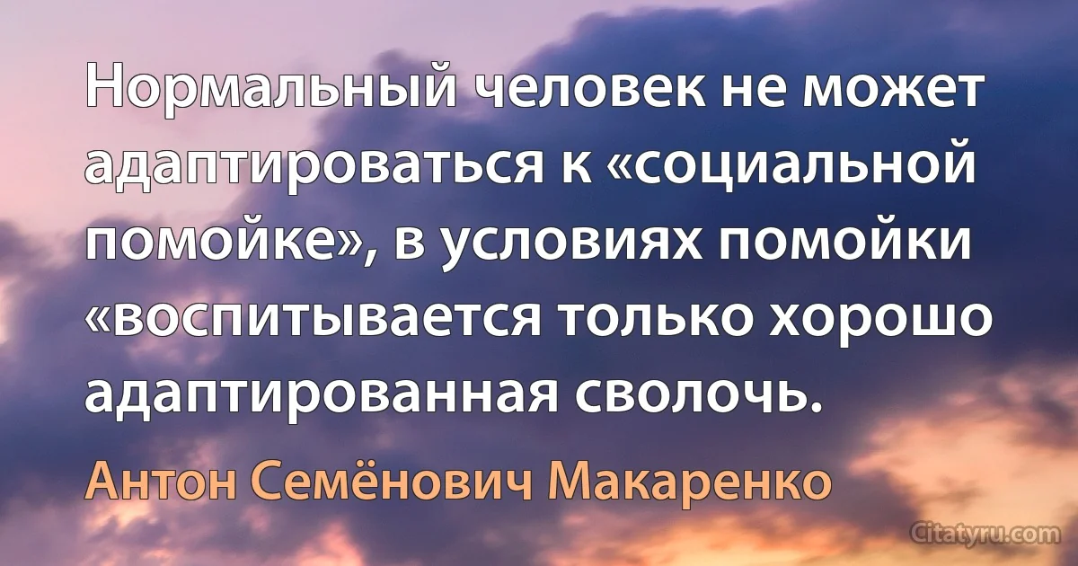 Нормальный человек не может адаптироваться к «социальной помойке», в условиях помойки «воспитывается только хорошо адаптированная сволочь. (Антон Семёнович Макаренко)