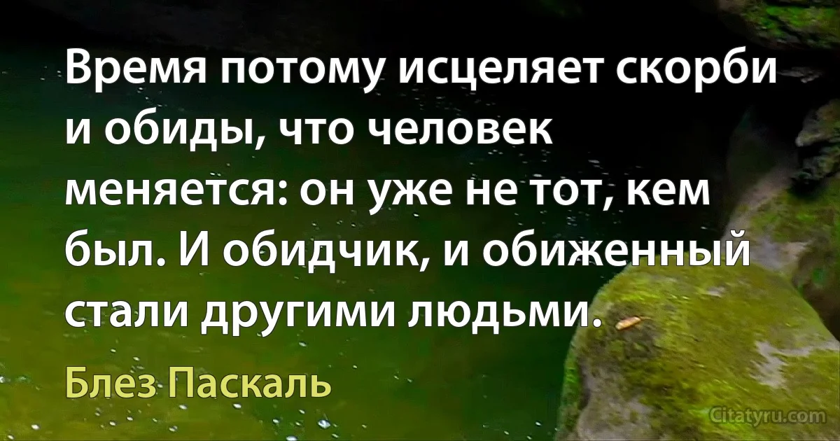 Время потому исцеляет скорби и обиды, что человек меняется: он уже не тот, кем был. И обидчик, и обиженный стали другими людьми. (Блез Паскаль)