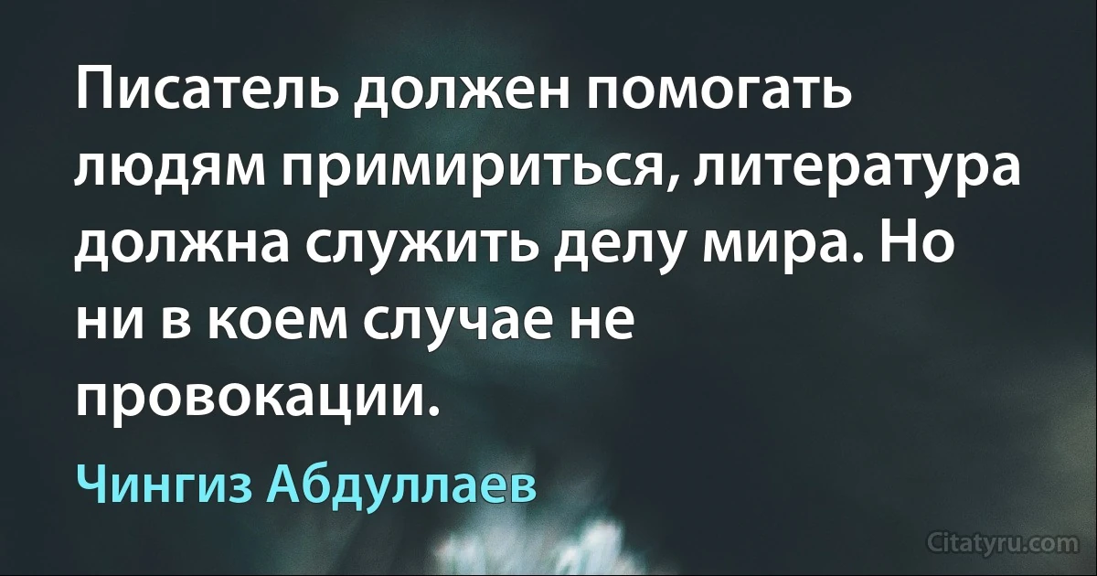 Писатель должен помогать людям примириться, литература должна служить делу мира. Но ни в коем случае не провокации. (Чингиз Абдуллаев)