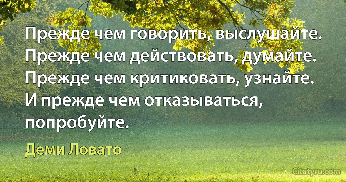 Прежде чем говорить, выслушайте. Прежде чем действовать, думайте. Прежде чем критиковать, узнайте. И прежде чем отказываться, попробуйте. (Деми Ловато)