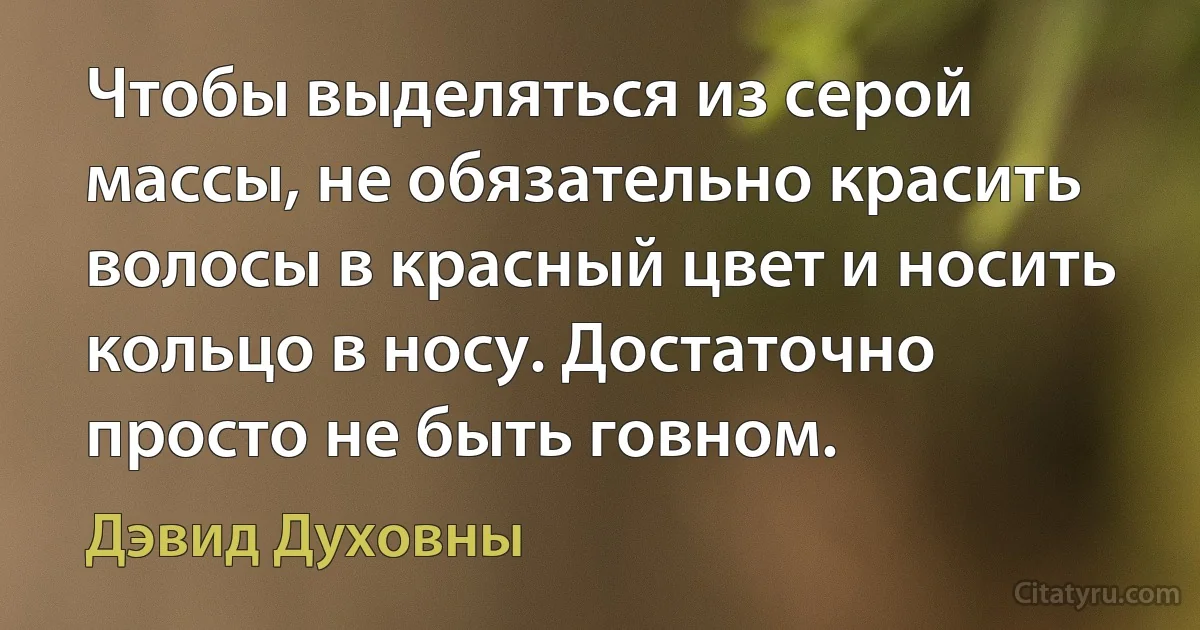 Чтобы выделяться из серой массы, не обязательно красить волосы в красный цвет и носить кольцо в носу. Достаточно просто не быть говном. (Дэвид Духовны)