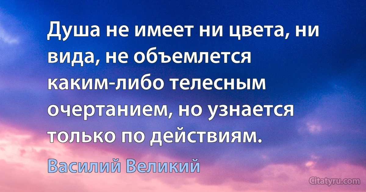 Душа не имеет ни цвета, ни вида, не объемлется каким-либо телесным очертанием, но узнается только по действиям. (Василий Великий)