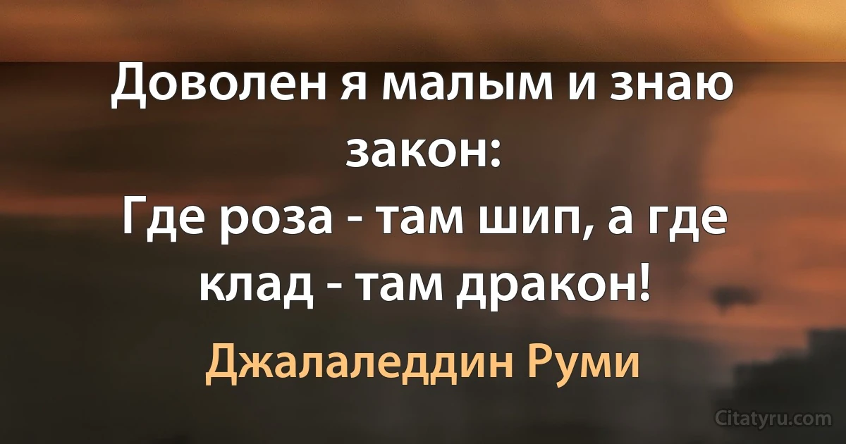 Доволен я малым и знаю закон:
Где роза - там шип, а где клад - там дракон! (Джалаледдин Руми)