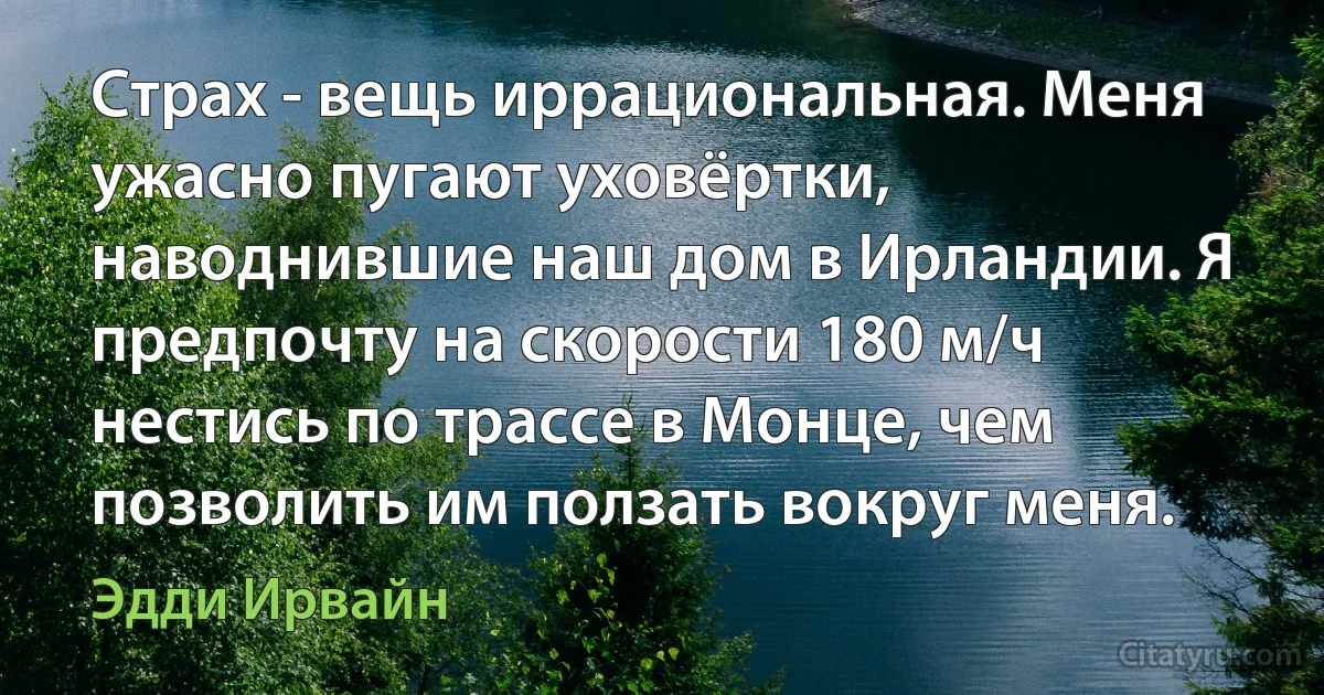 Страх - вещь иррациональная. Меня ужасно пугают уховёртки, наводнившие наш дом в Ирландии. Я предпочту на скорости 180 м/ч нестись по трассе в Монце, чем позволить им ползать вокруг меня. (Эдди Ирвайн)