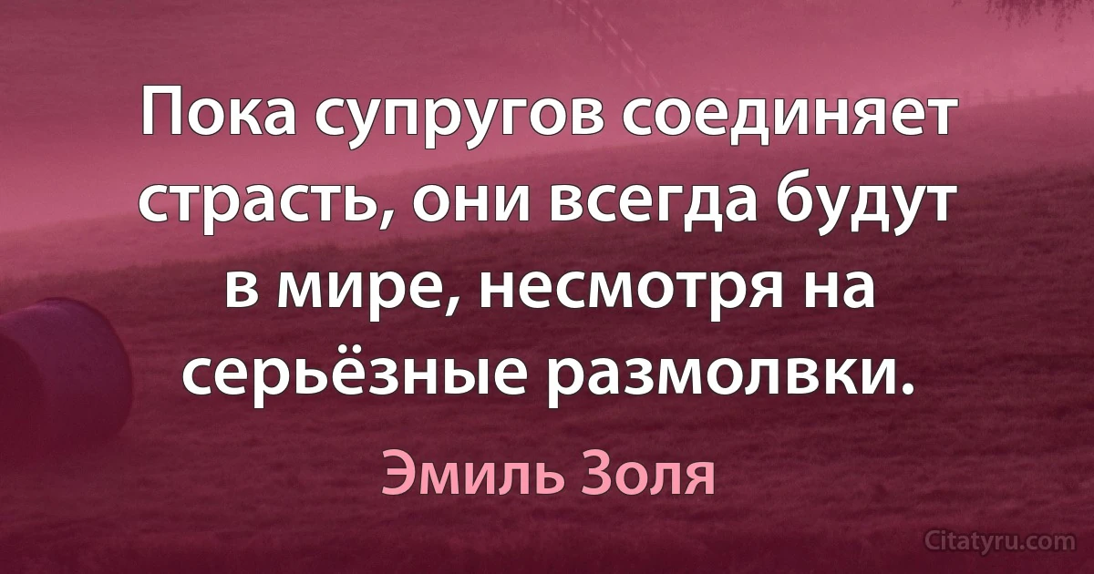 Пока супругов соединяет страсть, они всегда будут в мире, несмотря на серьёзные размолвки. (Эмиль Золя)