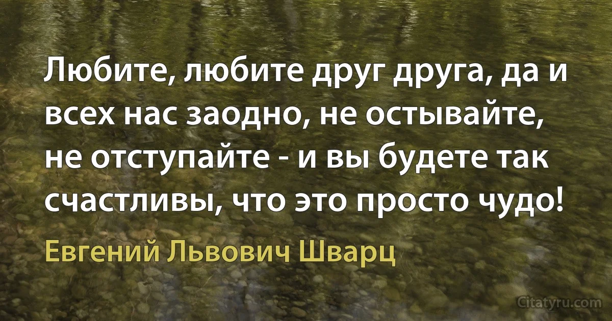 Любите, любите друг друга, да и всех нас заодно, не остывайте, не отступайте - и вы будете так счастливы, что это просто чудо! (Евгений Львович Шварц)