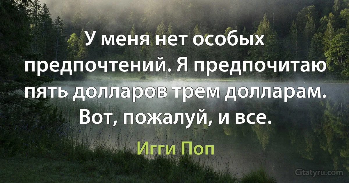 У меня нет особых предпочтений. Я предпочитаю пять долларов трем долларам. Вот, пожалуй, и все. (Игги Поп)