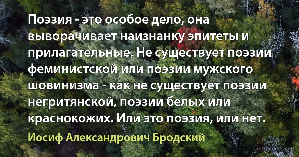 Поэзия - это особое дело, она выворачивает наизнанку эпитеты и прилагательные. Не существует поэзии феминистской или поэзии мужского шовинизма - как не существует поэзии негритянской, поэзии белых или краснокожих. Или это поэзия, или нет. (Иосиф Александрович Бродский)