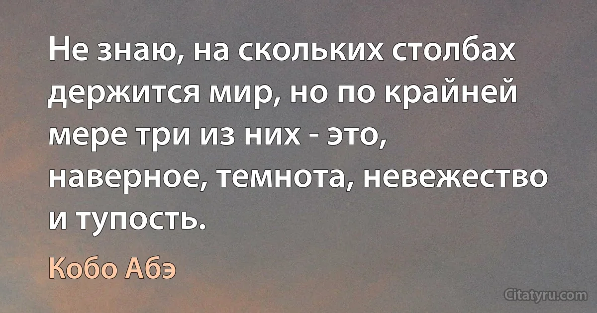 Не знаю, на скольких столбах держится мир, но по крайней мере три из них - это, наверное, темнота, невежество и тупость. (Кобо Абэ)