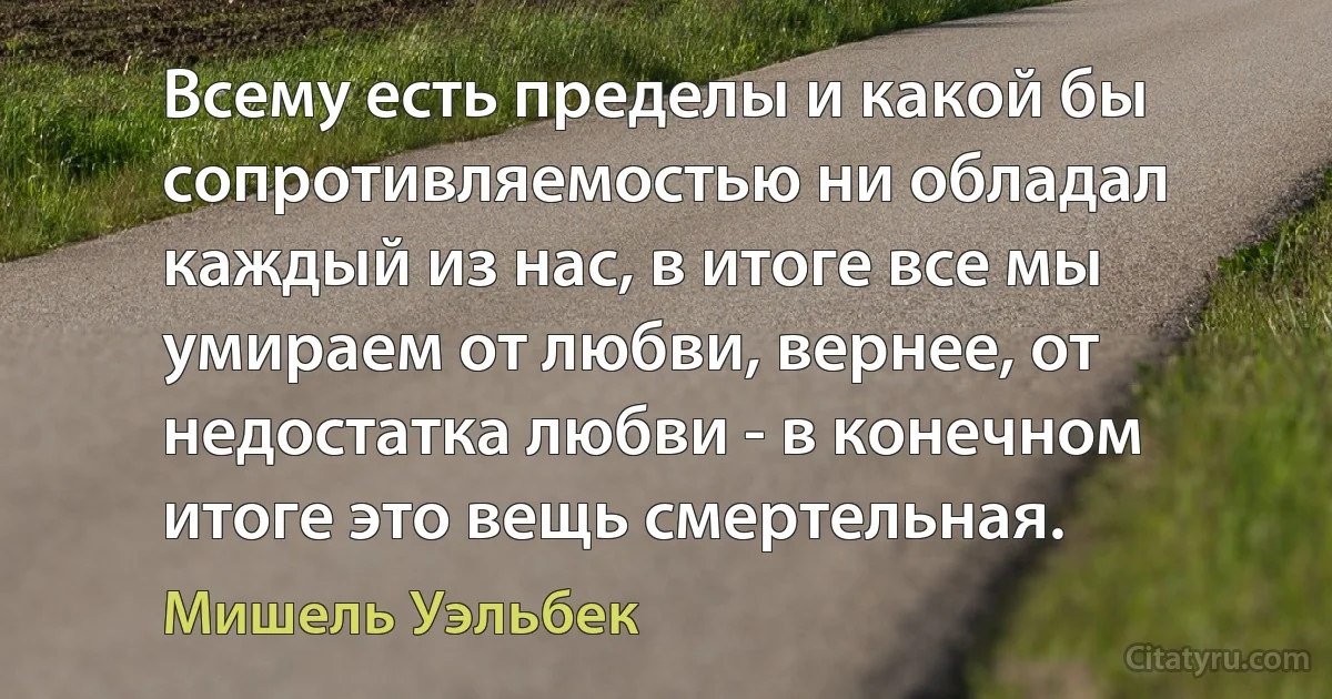 Всему есть пределы и какой бы сопротивляемостью ни обладал каждый из нас, в итоге все мы умираем от любви, вернее, от недостатка любви - в конечном итоге это вещь смертельная. (Мишель Уэльбек)