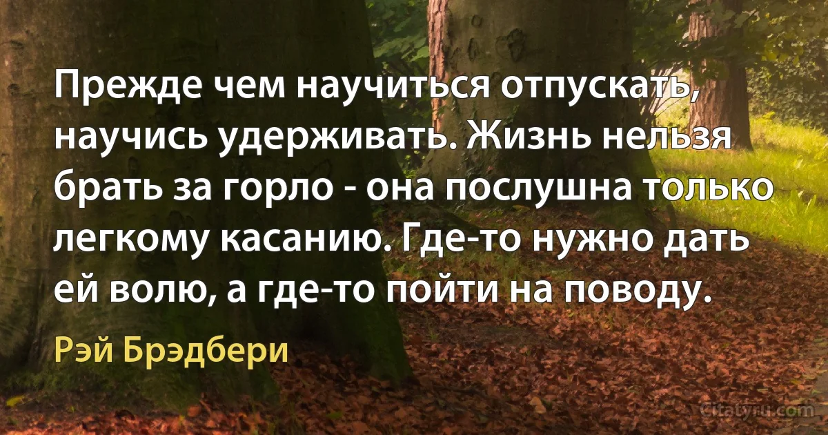 Прежде чем научиться отпускать, научись удерживать. Жизнь нельзя брать за горло - она послушна только легкому касанию. Где-то нужно дать ей волю, а где-то пойти на поводу. (Рэй Брэдбери)