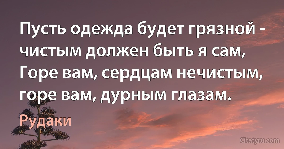 Пусть одежда будет грязной - чистым должен быть я сам,
Горе вам, сердцам нечистым, горе вам, дурным глазам. (Рудаки)