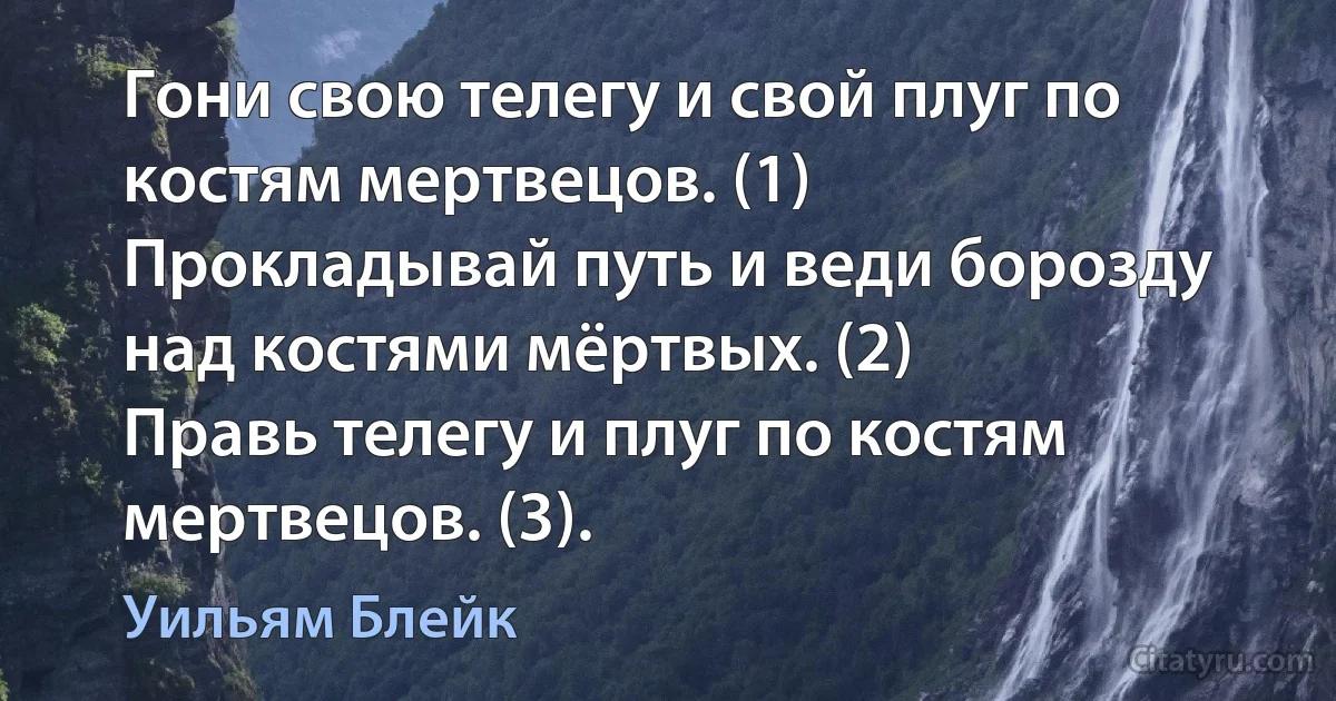 Гони свою телегу и свой плуг по костям мертвецов. (1)
Прокладывай путь и веди борозду над костями мёртвых. (2)
Правь телегу и плуг по костям мертвецов. (3). (Уильям Блейк)