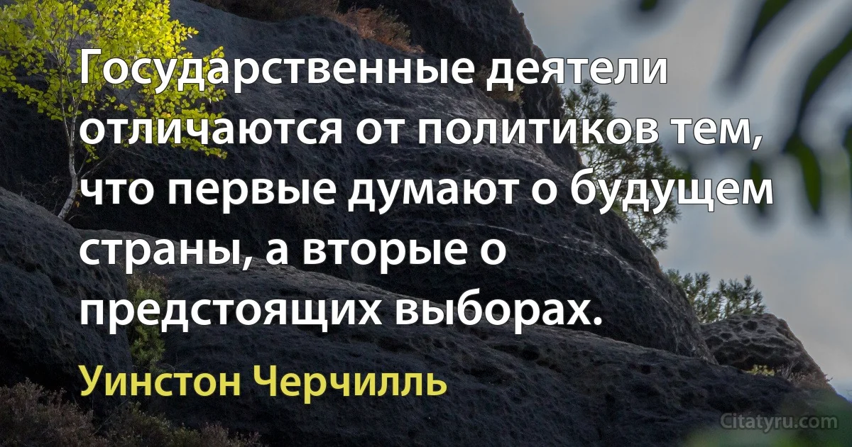 Государственные деятели отличаются от политиков тем, что первые думают о будущем страны, а вторые о предстоящих выборах. (Уинстон Черчилль)