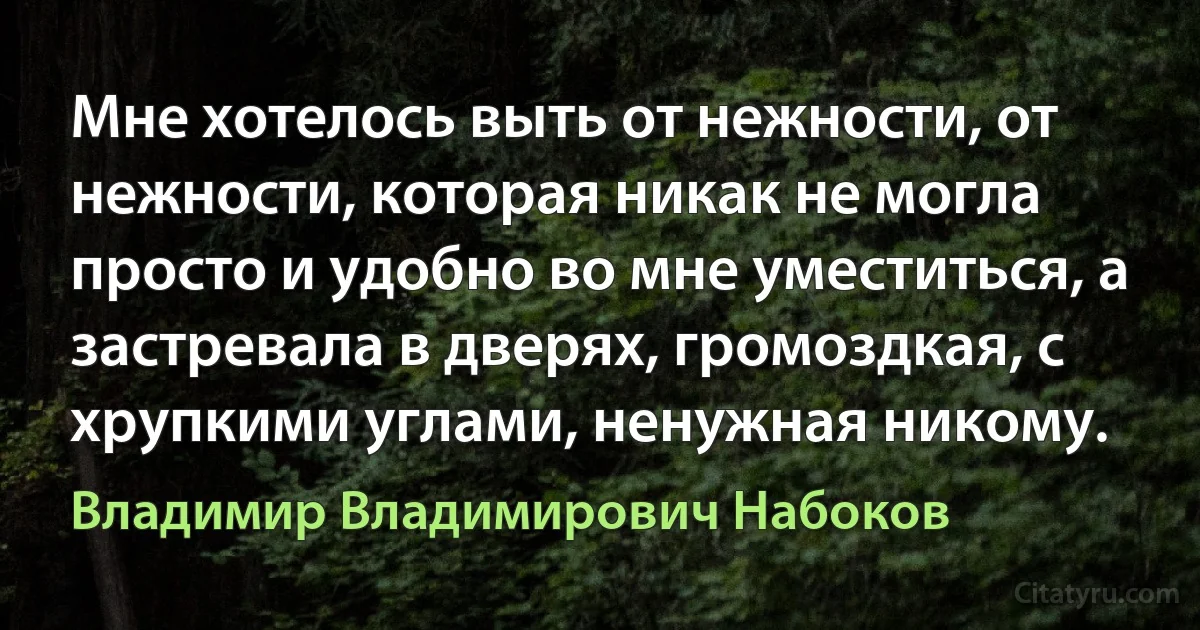 Мне хотелось выть от нежности, от нежности, которая никак не могла просто и удобно во мне уместиться, а застревала в дверях, громоздкая, с хрупкими углами, ненужная никому. (Владимир Владимирович Набоков)