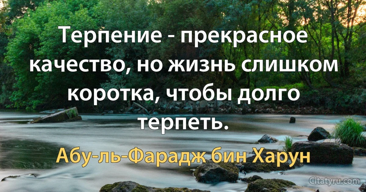 Терпение - прекрасное качество, но жизнь слишком коротка, чтобы долго терпеть. (Абу-ль-Фарадж бин Харун)