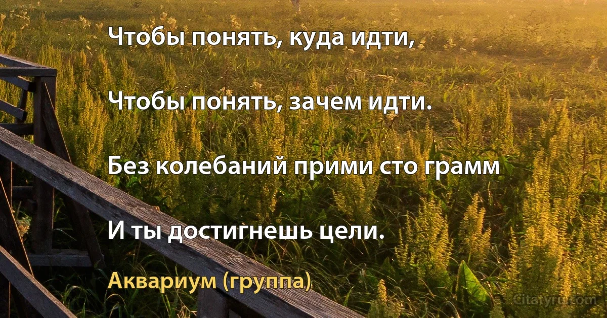 Чтобы понять, куда идти,

Чтобы понять, зачем идти.

Без колебаний прими сто грамм

И ты достигнешь цели. (Аквариум (группа))