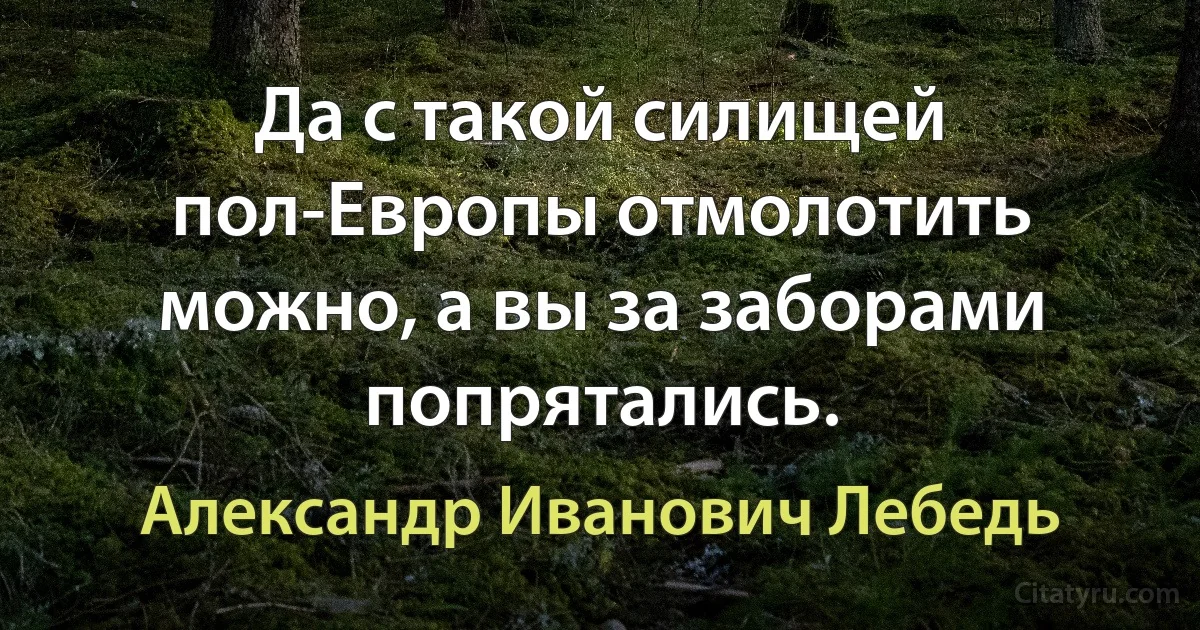 Да с такой силищей пол-Европы отмолотить можно, а вы за заборами попрятались. (Александр Иванович Лебедь)