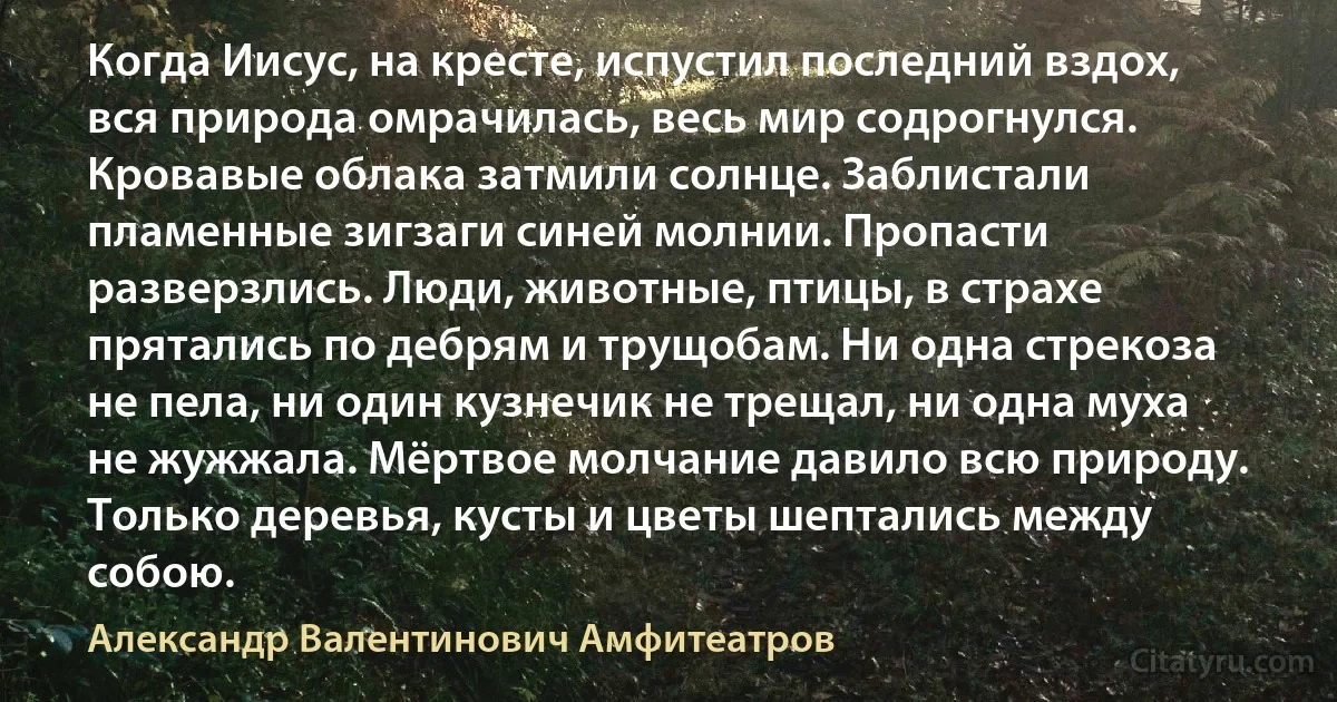 Когда Иисус, на кресте, испустил последний вздох, вся природа омрачилась, весь мир содрогнулся. Кровавые облака затмили солнце. Заблистали пламенные зигзаги синей молнии. Пропасти разверзлись. Люди, животные, птицы, в страхе прятались по дебрям и трущобам. Ни одна стрекоза не пела, ни один кузнечик не трещал, ни одна муха не жужжала. Мёртвое молчание давило всю природу. Только деревья, кусты и цветы шептались между собою. (Александр Валентинович Амфитеатров)