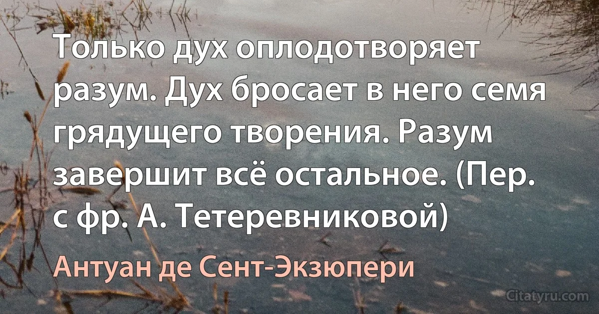 Только дух оплодотворяет разум. Дух бросает в него семя грядущего творения. Разум завершит всё остальное. (Пер. с фр. А. Тетеревниковой) (Антуан де Сент-Экзюпери)