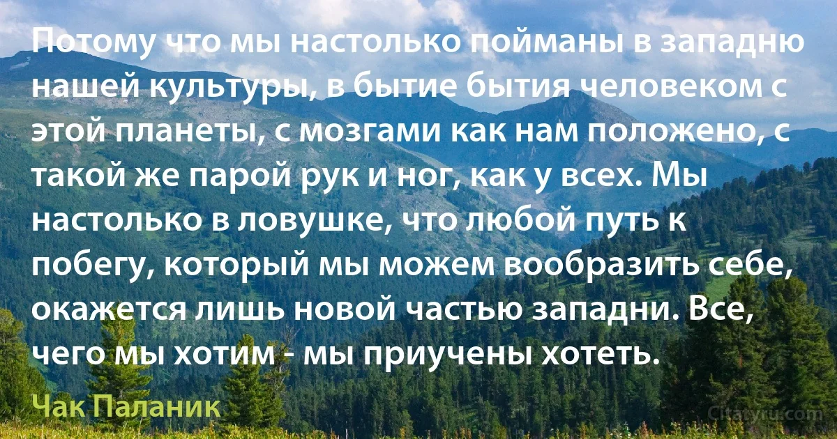 Потому что мы настолько пойманы в западню нашей культуры, в бытие бытия человеком с этой планеты, с мозгами как нам положено, с такой же парой рук и ног, как у всех. Мы настолько в ловушке, что любой путь к побегу, который мы можем вообразить себе, окажется лишь новой частью западни. Все, чего мы хотим - мы приучены хотеть. (Чак Паланик)