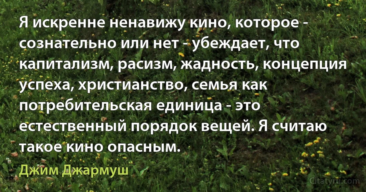 Я искренне ненавижу кино, которое - сознательно или нет - убеждает, что капитализм, расизм, жадность, концепция успеха, христианство, семья как потребительская единица - это естественный порядок вещей. Я считаю такое кино опасным. (Джим Джармуш)