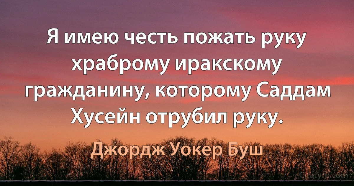 Я имею честь пожать руку храброму иракскому гражданину, которому Саддам Хусейн отрубил руку. (Джордж Уокер Буш)