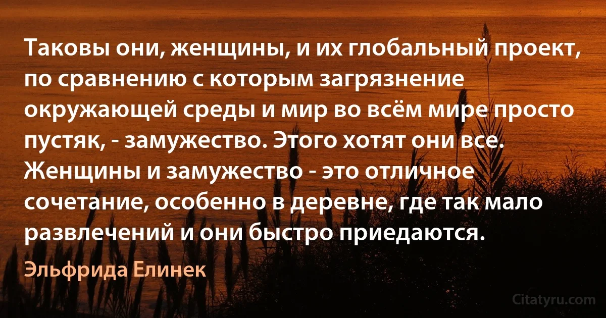 Таковы они, женщины, и их глобальный проект, по сравнению с которым загрязнение окружающей среды и мир во всём мире просто пустяк, - замужество. Этого хотят они все. Женщины и замужество - это отличное сочетание, особенно в деревне, где так мало развлечений и они быстро приедаются. (Эльфрида Елинек)