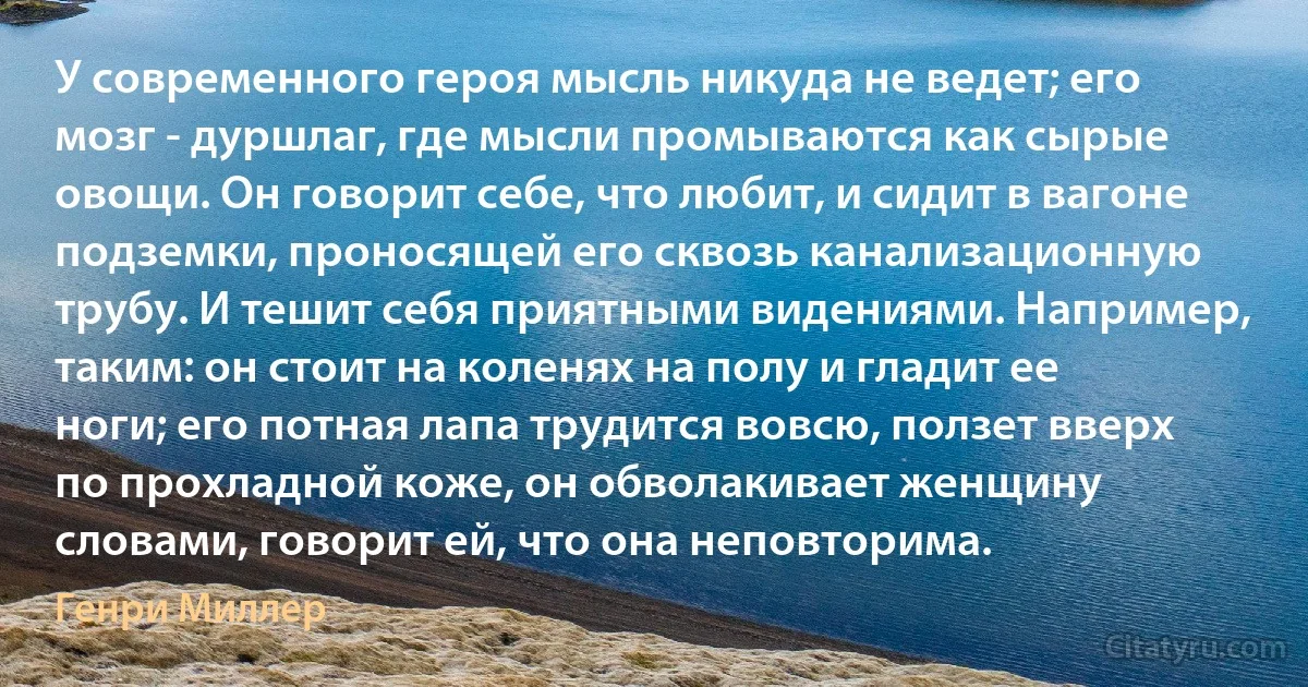 У современного героя мысль никуда не ведет; его мозг - дуршлаг, где мысли промываются как сырые овощи. Он говорит себе, что любит, и сидит в вагоне подземки, проносящей его сквозь канализационную трубу. И тешит себя приятными видениями. Например, таким: он стоит на коленях на полу и гладит ее ноги; его потная лапа трудится вовсю, ползет вверх по прохладной коже, он обволакивает женщину словами, говорит ей, что она неповторима. (Генри Миллер)