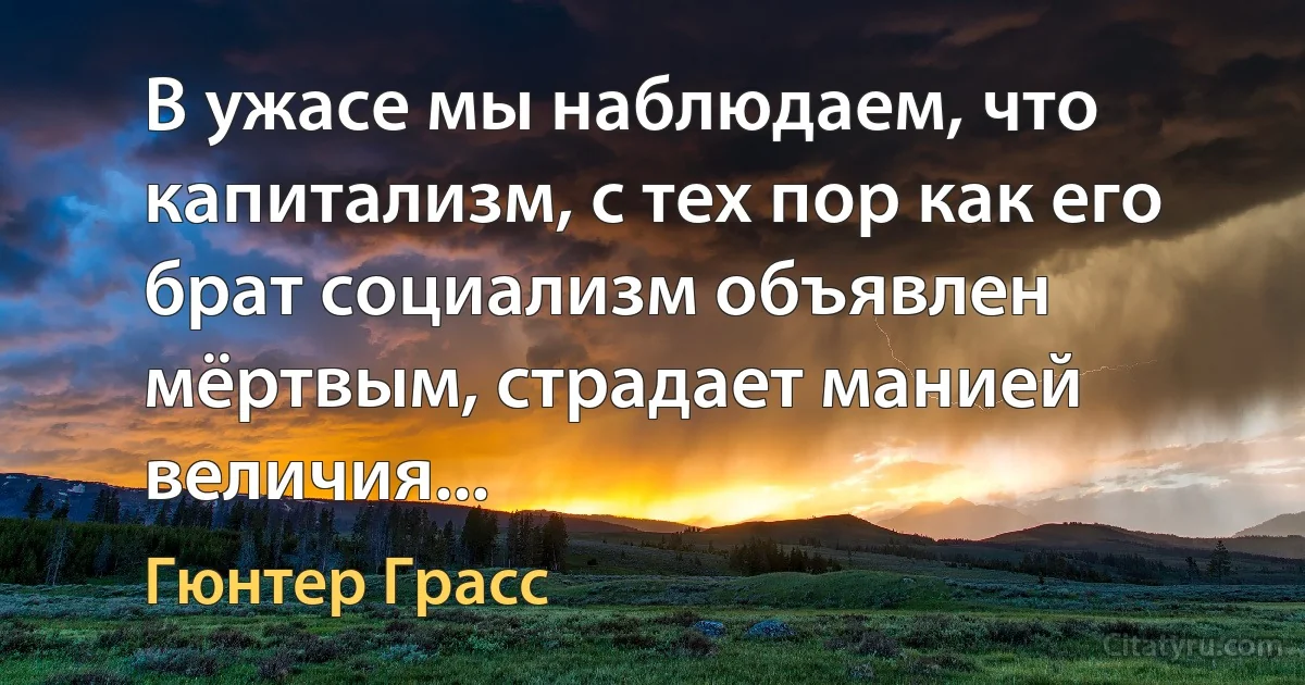 В ужасе мы наблюдаем, что капитализм, с тех пор как его брат социализм объявлен мёртвым, страдает манией величия... (Гюнтер Грасс)