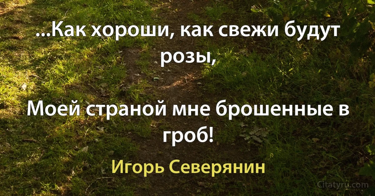 ...Как хороши, как свежи будут розы,

Моей страной мне брошенные в гроб! (Игорь Северянин)