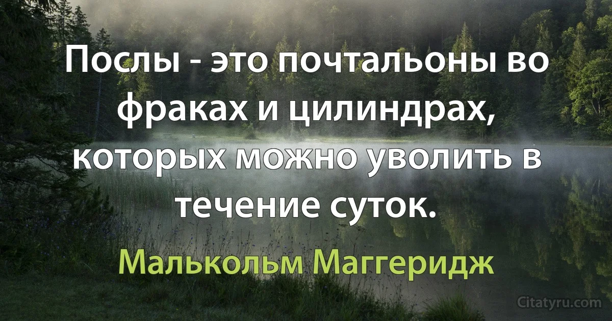 Послы - это почтальоны во фраках и цилиндрах, которых можно уволить в течение суток. (Малькольм Маггеридж)