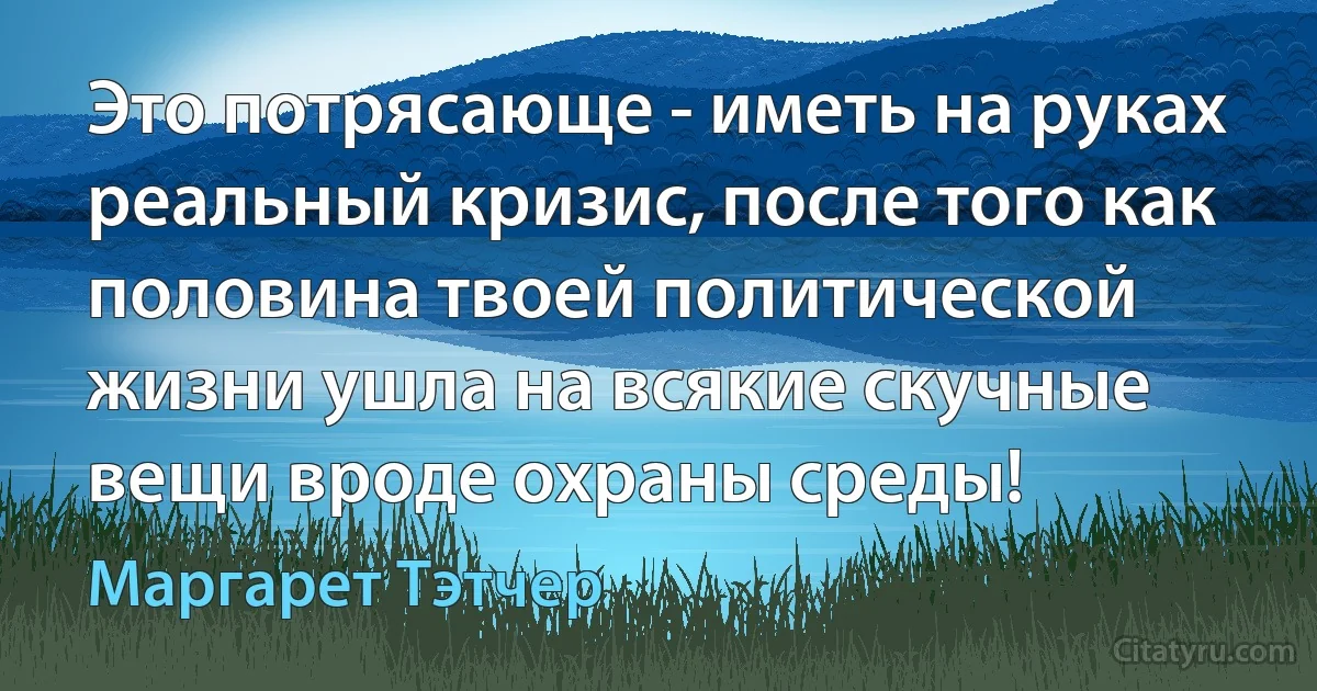 Это потрясающе - иметь на руках реальный кризис, после того как половина твоей политической жизни ушла на всякие скучные вещи вроде охраны среды! (Маргарет Тэтчер)