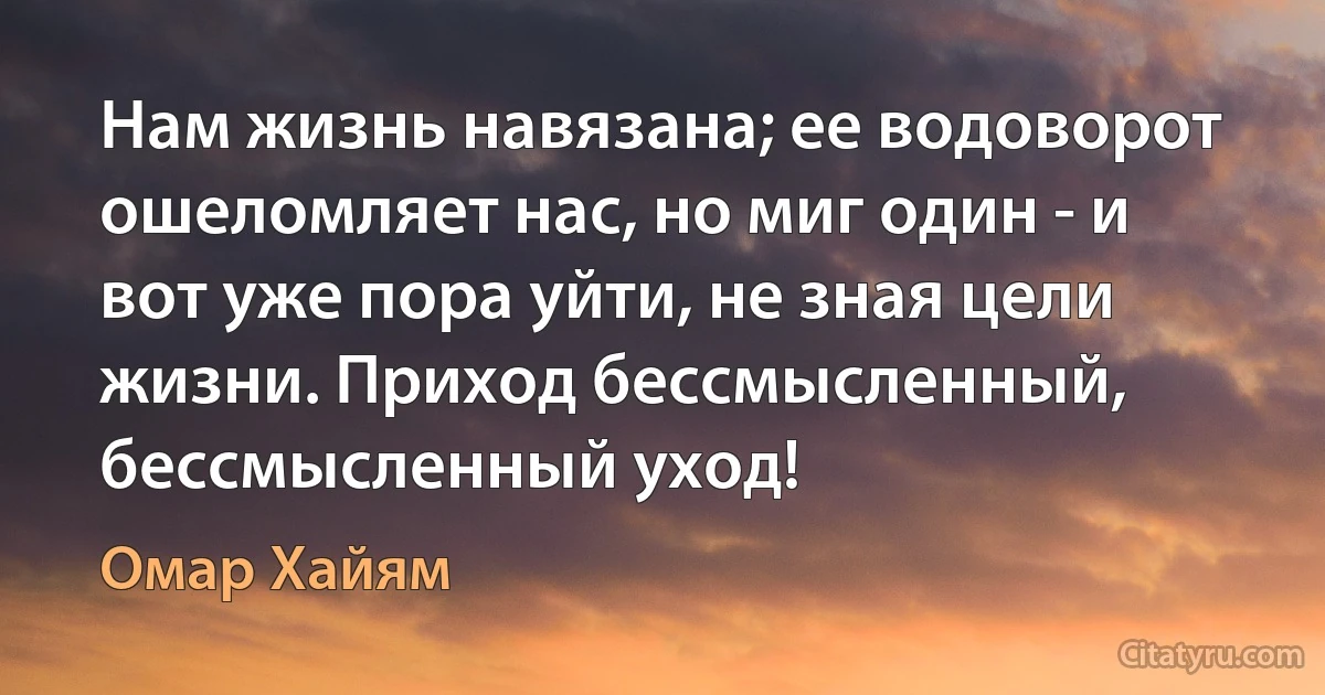 Нам жизнь навязана; ее водоворот ошеломляет нас, но миг один - и вот уже пора уйти, не зная цели жизни. Приход бессмысленный, бессмысленный уход! (Омар Хайям)