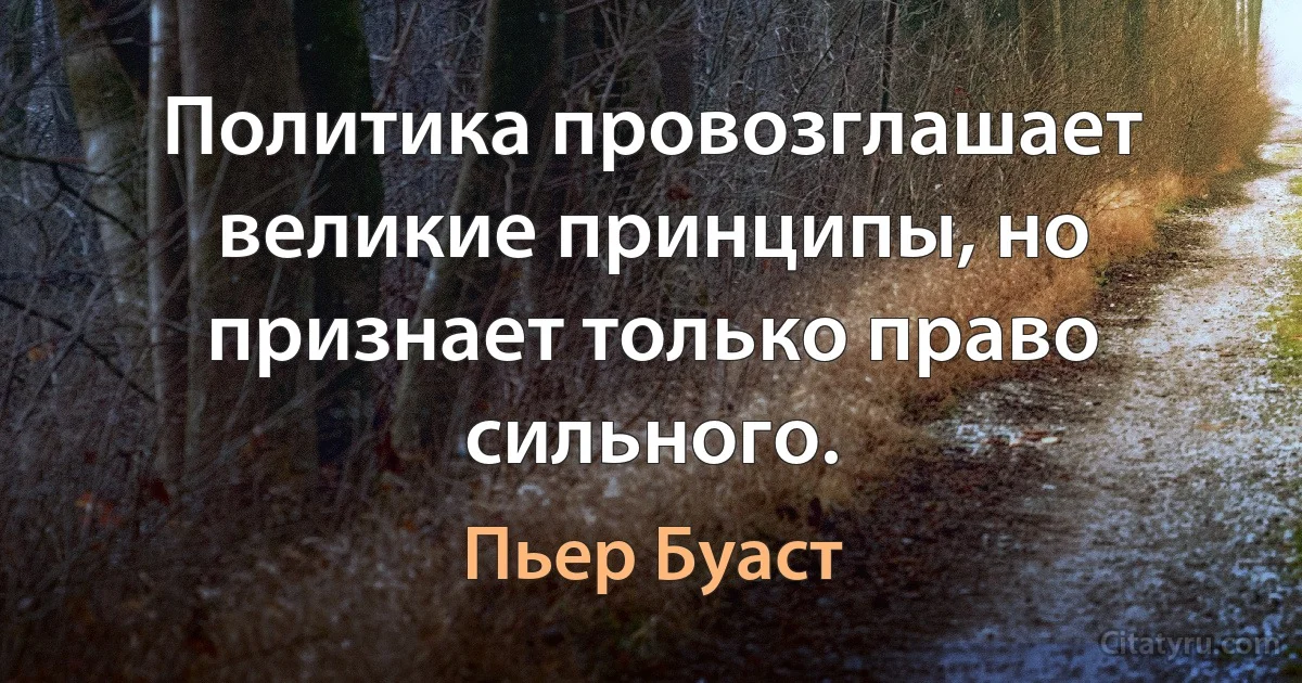 Политика провозглашает великие принципы, но признает только право сильного. (Пьер Буаст)