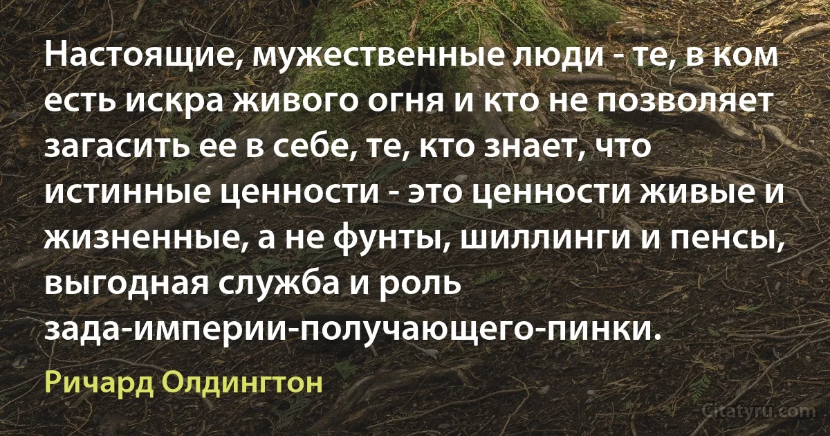 Настоящие, мужественные люди - те, в ком есть искра живого огня и кто не позволяет загасить ее в себе, те, кто знает, что истинные ценности - это ценности живые и жизненные, а не фунты, шиллинги и пенсы, выгодная служба и роль зада-империи-получающего-пинки. (Ричард Олдингтон)