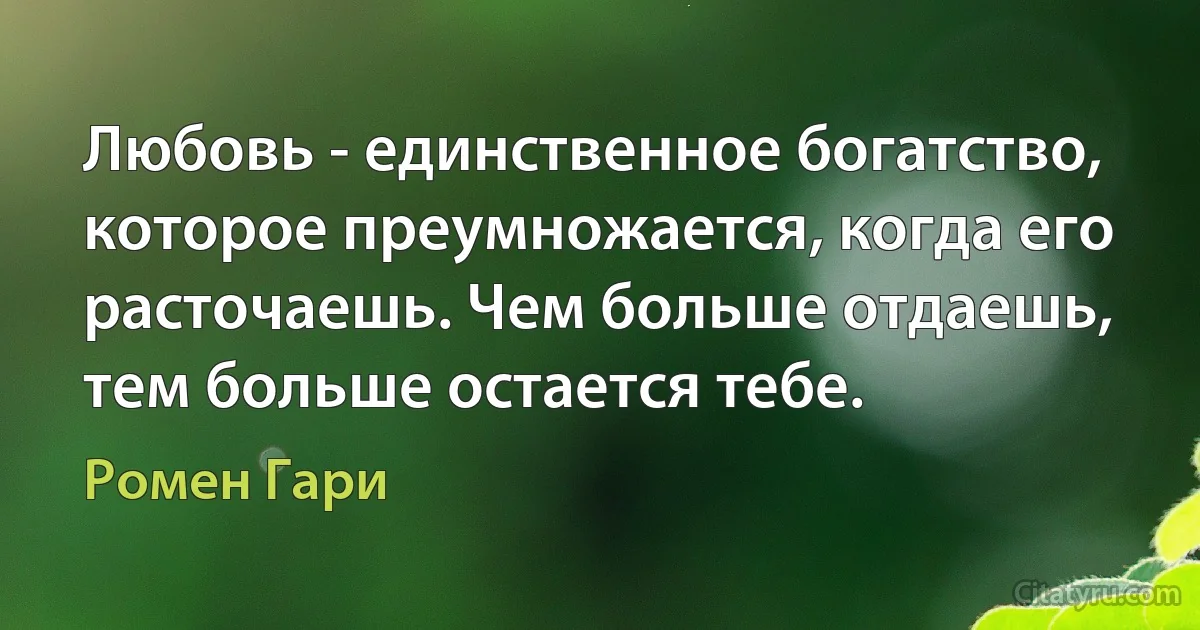 Любовь - единственное богатство, которое преумножается, когда его расточаешь. Чем больше отдаешь, тем больше остается тебе. (Ромен Гари)