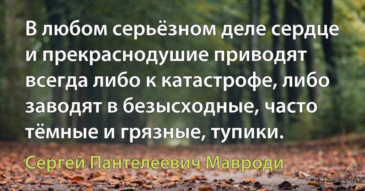 В любом серьёзном деле сердце и прекраснодушие приводят всегда либо к катастрофе, либо заводят в безысходные, часто тёмные и грязные, тупики. (Сергей Пантелеевич Мавроди)