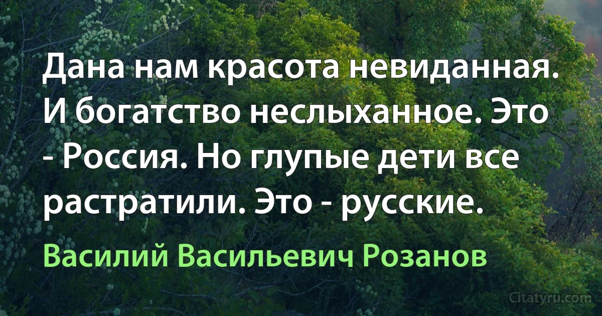 Дана нам красота невиданная. И богатство неслыханное. Это - Россия. Но глупые дети все растратили. Это - русские. (Василий Васильевич Розанов)