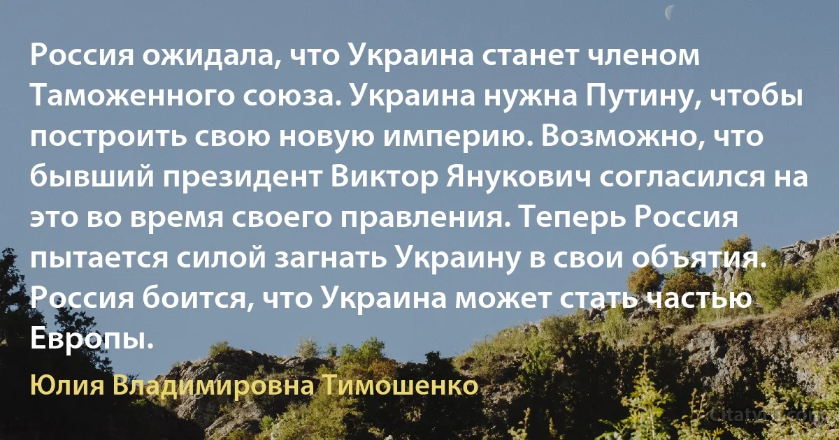 Россия ожидала, что Украина станет членом Таможенного союза. Украина нужна Путину, чтобы построить свою новую империю. Возможно, что бывший президент Виктор Янукович согласился на это во время своего правления. Теперь Россия пытается силой загнать Украину в свои объятия. Россия боится, что Украина может стать частью Европы. (Юлия Владимировна Тимошенко)