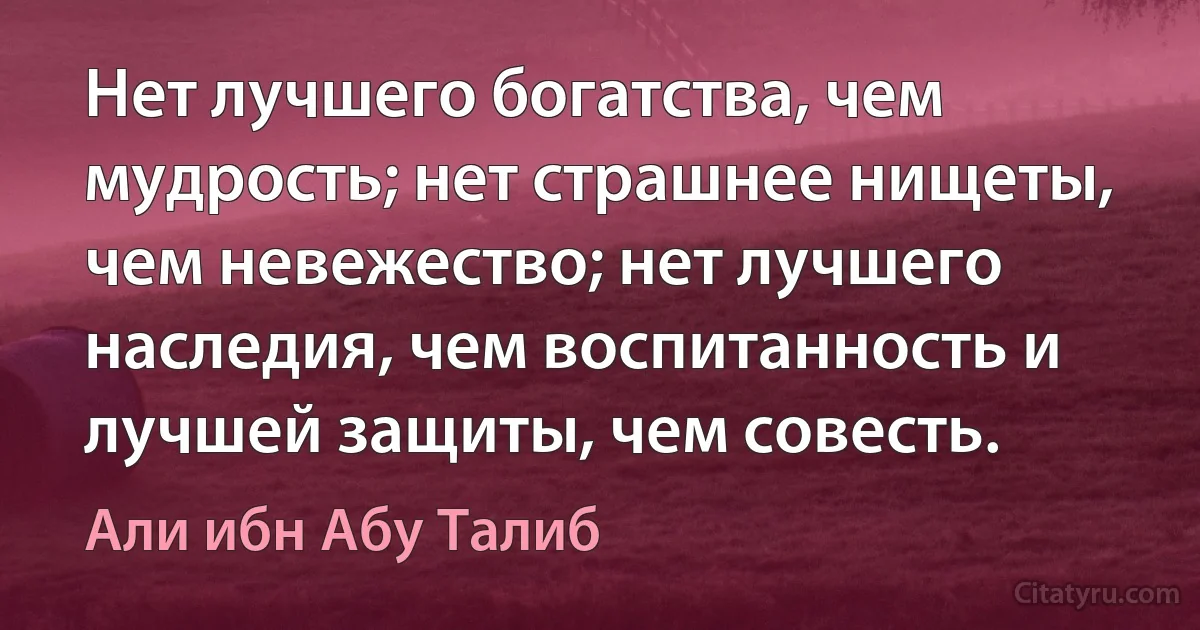 Нет лучшего богатства, чем мудрость; нет страшнее нищеты, чем невежество; нет лучшего наследия, чем воспитанность и лучшей защиты, чем совесть. (Али ибн Абу Талиб)