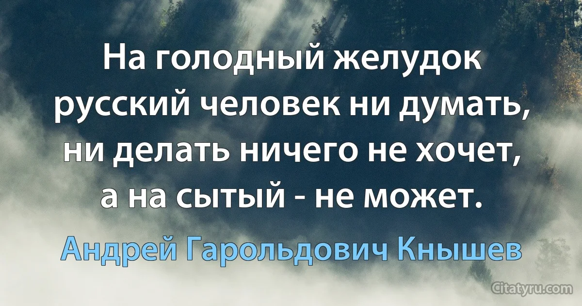 На голодный желудок русский человек ни думать, ни делать ничего не хочет, а на сытый - не может. (Андрей Гарольдович Кнышев)