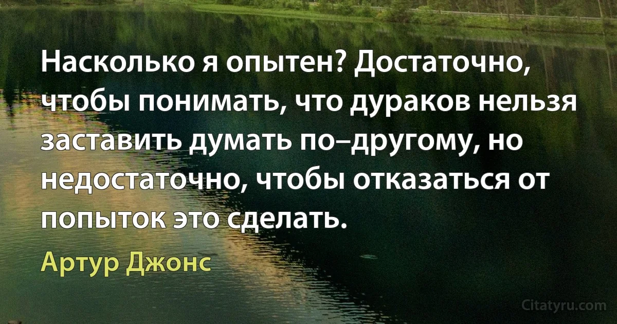 Насколько я опытен? Достаточно, чтобы понимать, что дураков нельзя заставить думать по–другому, но недостаточно, чтобы отказаться от попыток это сделать. (Артур Джонс)