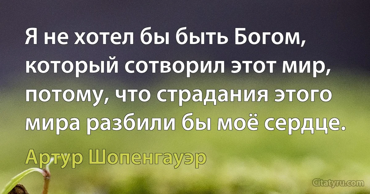 Я не хотел бы быть Богом, который сотворил этот мир, потому, что страдания этого мира разбили бы моё сердце. (Артур Шопенгауэр)